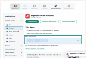 Windows setup page on ExpressVPN+ portal with VPN activation code highlighted.