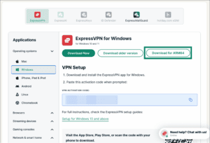 ExpressVPN user portal download page with Download for ARM64 button highlighted.