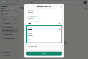 ExpressKeys macOS app interface, showing the page for adding a credit card. The PIN code, ZIP code, and notes fields are highlighted.