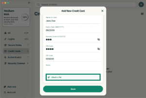 ExpressKeys macOS app interface, showing the page for adding a credit card. The "Attach a file" button is highlighted.