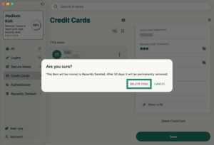 ExpressKeys macOS app interface, showing a saved credit card and a deletion prompt. The "Delete Item" button is highlighted.