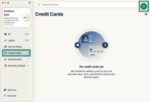 ExpressKeys macOS app interface, showing a highlighted "Credit Cards" tab and a plus button.