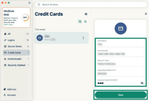 ExpressKeys macOS app interface, showing a saved credit card. The credit card details fields and the "Save" button are highlighted.