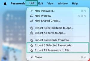 The menu bar on macOS, showing the File menu for the Passwords app, with a highlighted "Export 3 Selected Passwords..." and "Export All Passwords to File..." option.
