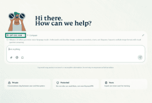 A screenshot of the ExpressAI home screen on a desktop browser. An arrow points to the AI model selection menu just above the chat window in the middle of the screen.