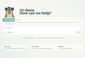 A screenshot of the ExpressAI home screen on a desktop browser. An arrow points to the AI model selection menu just above the chat window in the middle of the screen.