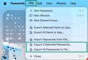 The File menu for the Passwords app on macOS, with highlighted Export options.