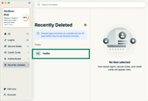 The "Recently Deleted" tab in the ExpressVPN Keys app for macOS, with a highlighted login.
