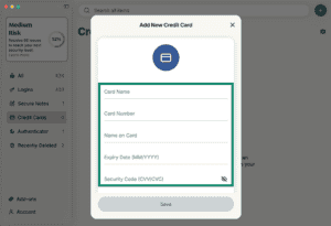 ExpressKeys macOS app interface, showing the page for adding a credit card. The credit card details fields are highlighted.