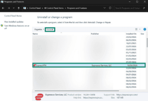Windows Programs and Features window showing an installed software list, with "ExpressVPN" highlighted inside a teal box.