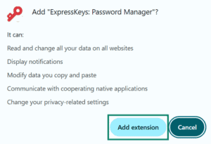  Chrome browser prompt for adding the ExpressKeys browser extension, showing a highlighted "Add extension" button.