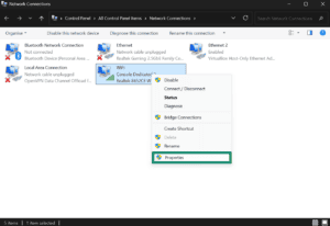 Windows "Network Connections" control panel, with the "WiFi" connection right-click menu open and the "Properties" option highlighted in a green box.