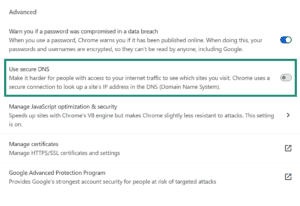 Google Chrome Security page. The "Use secure DNS" option is highlighted.