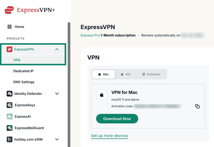 ExpressVPN account dashboard with the ExpressVPN product menu expanded and VPN selected.