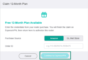 Fortify Claim 12-Month Plan screen with the Continue to ExpressVPN button highlighted.