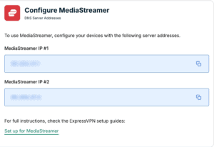 The Configure MediaStreamer page, showing the IP 1 and 2 fields.