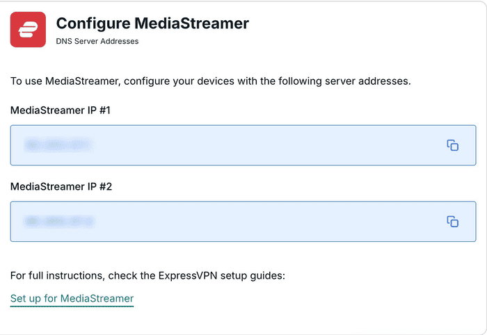 The Configure MediaStreamer page in the ExpressVPN+ portal.