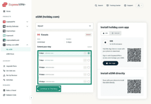 eSIM pricing options for extending an unlimited eSIM in the ExpressVPN+ dashboard. The extension options and "Continue to Checkout" button are highlighted.