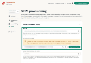 ExpressVPN for Teams SCIM provisioning page, showing highlighted Base URL and Bearer toke fields.
