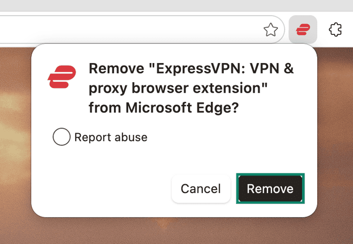 Microsoft Edge confirmation dialog for removing the ExpressVPN browser extension, with Remove highlighted.