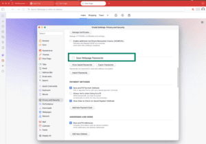 Vivaldi browser showing save webpage passwords option highlighted.