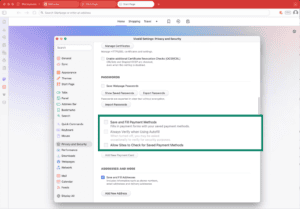 Vivaldi browser showing save payment methods option highlighted.