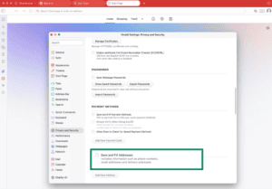 Vivaldi browser showing save save and fill addresses option highlighted.