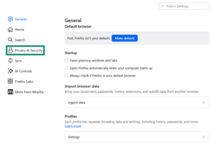 Firefox settings menu, showing a highlighted "Privacy & Security" tab.