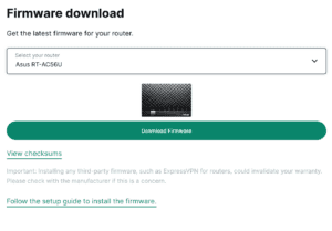 ExpressVPN firmware download page for the Asus RT-AC56U router, displaying a product image, download firmware button, and checksum link.