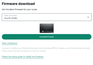 ExpressVPN Download Firmware screen with Asus router selected.