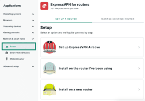 ExpressVPN for routers setup page, with the sidebar navigation showing "Router" highlighted inside a teal box.