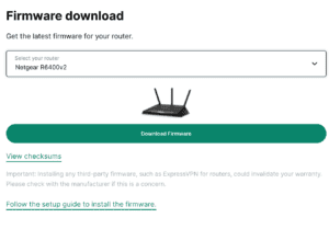 ExpressVPN firmware download page for the Linksys WRT1900ACS router, displaying the router image, download firmware button, and checksum links.