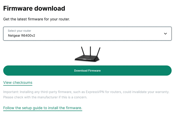 ExpressVPN Download Firmware screen with Netgear router selected.