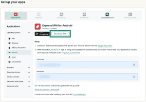 ExpressVPN+ account dashboard, showing the app setup window. The "Download APK" button is highlighted.