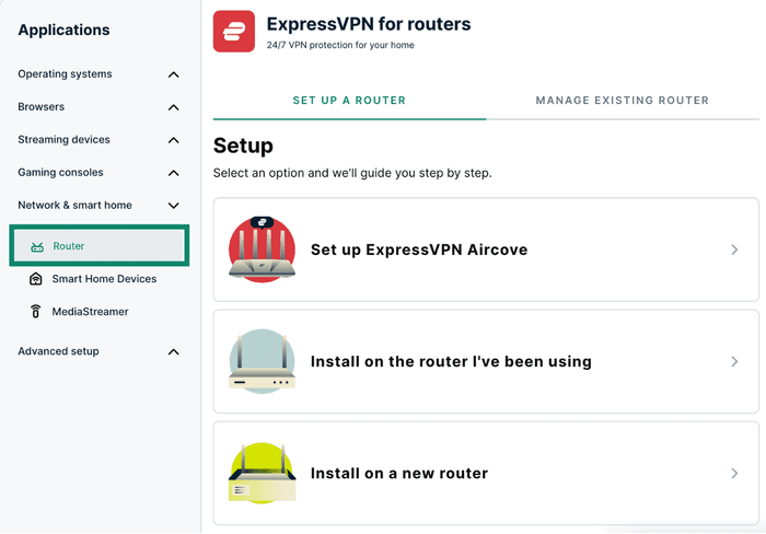 ExpressVPN for routers setup page, with the sidebar navigation showing "Router" highlighted inside a teal box.