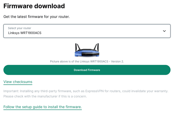 Firmware download screen in the ExpressVPN+ Portal.