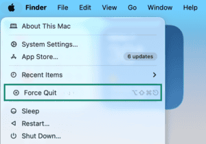 The Apple menu, with a highlighted "Force Quit" option.