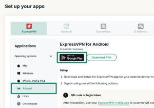 ExpressVPN web setup dashboard for Android, with the Android sidebar option and Google Play store badge highlighted in green boxes.