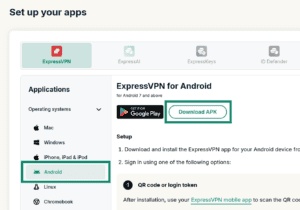  ExpressVPN web setup dashboard for Android, with the Android sidebar option and "Download APK" button highlighted in green boxes.
