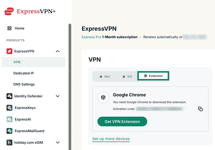 ExpressVPN setup page with the Extension tab and Get VPN Extension button highlighted.