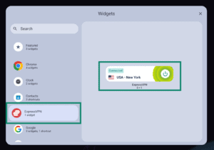 Googlebook Widgets picker menu, with the ExpressVPN option in the list and the ExpressVPN 5x1 home screen widget preview highlighted in green boxes.