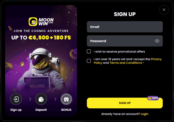 Register at MoonWin Casino and log in to your account.