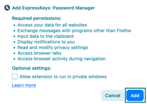  The "Add ExpressKeys: Password Manager" pop-up in Firefox.