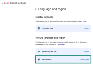 Google Search Language and region settings with Results region highlighted and set to Current Region.