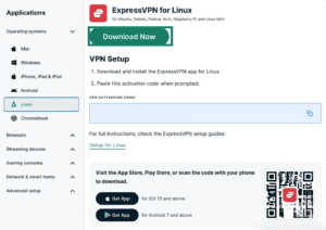 ExpressVPN for Linux screen with Download now highlighted.