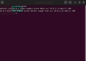 The "default via" line on Linux, with a highlighted default gateway.