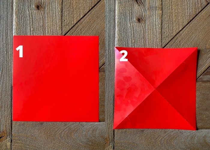 steps one and two to make an origami heart.