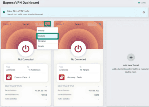 GL.iNet Fortify router, showing the ExpressVPN Dashboard and a highlighted gear icon and "Options" menu item.