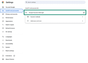 Google Password Manager settings.
