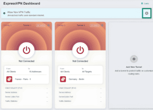 GL.iNet Fortify router, showing the ExpressVPN Dashboard and a highlighted gear icon.